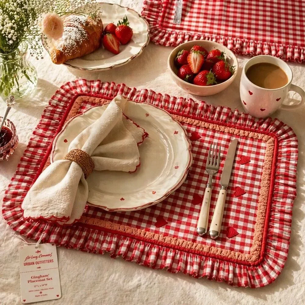 For Love & Lemons UO Gingham Ruffle Placemats Set Red Cottagecore Farmhouse NWT